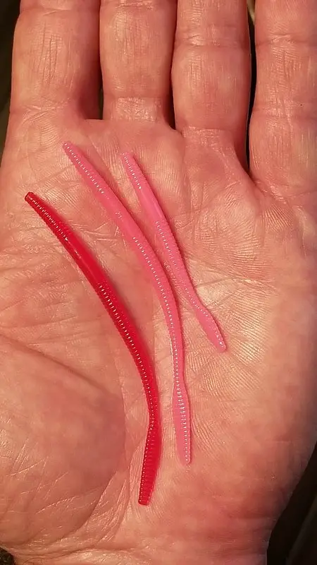 Three plastic trout worms in my hand.